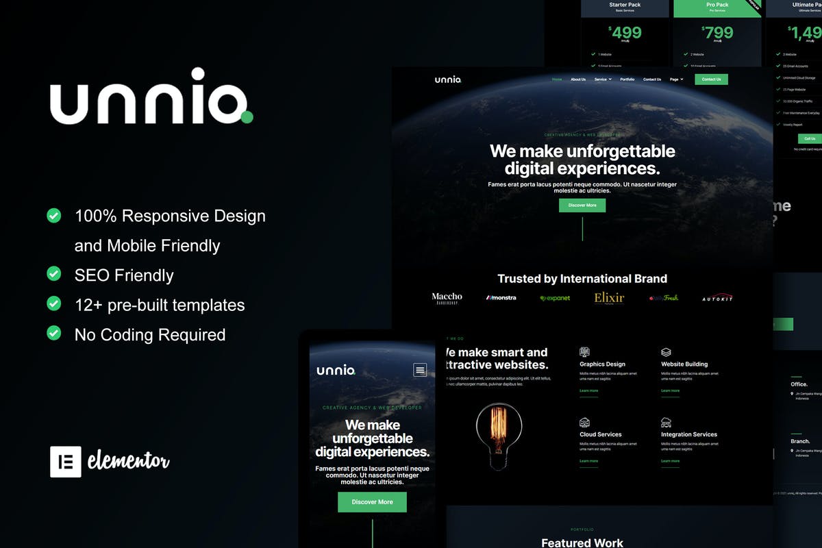 Unniq - Dark Digital Creative Agency Elementor Template Kit
